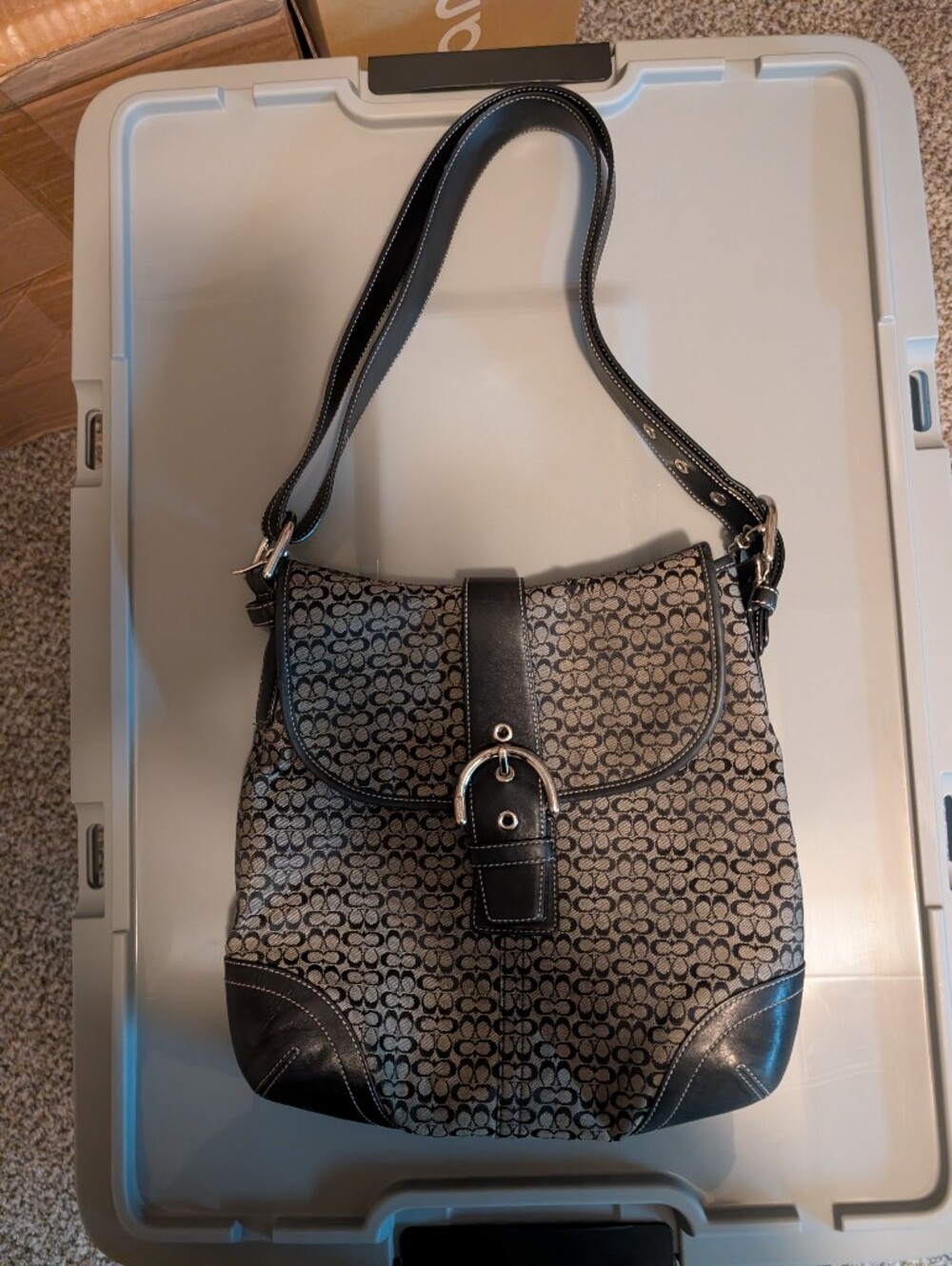 Coach Khaki Signature Canvas Shoulder Bag with Black Trim
